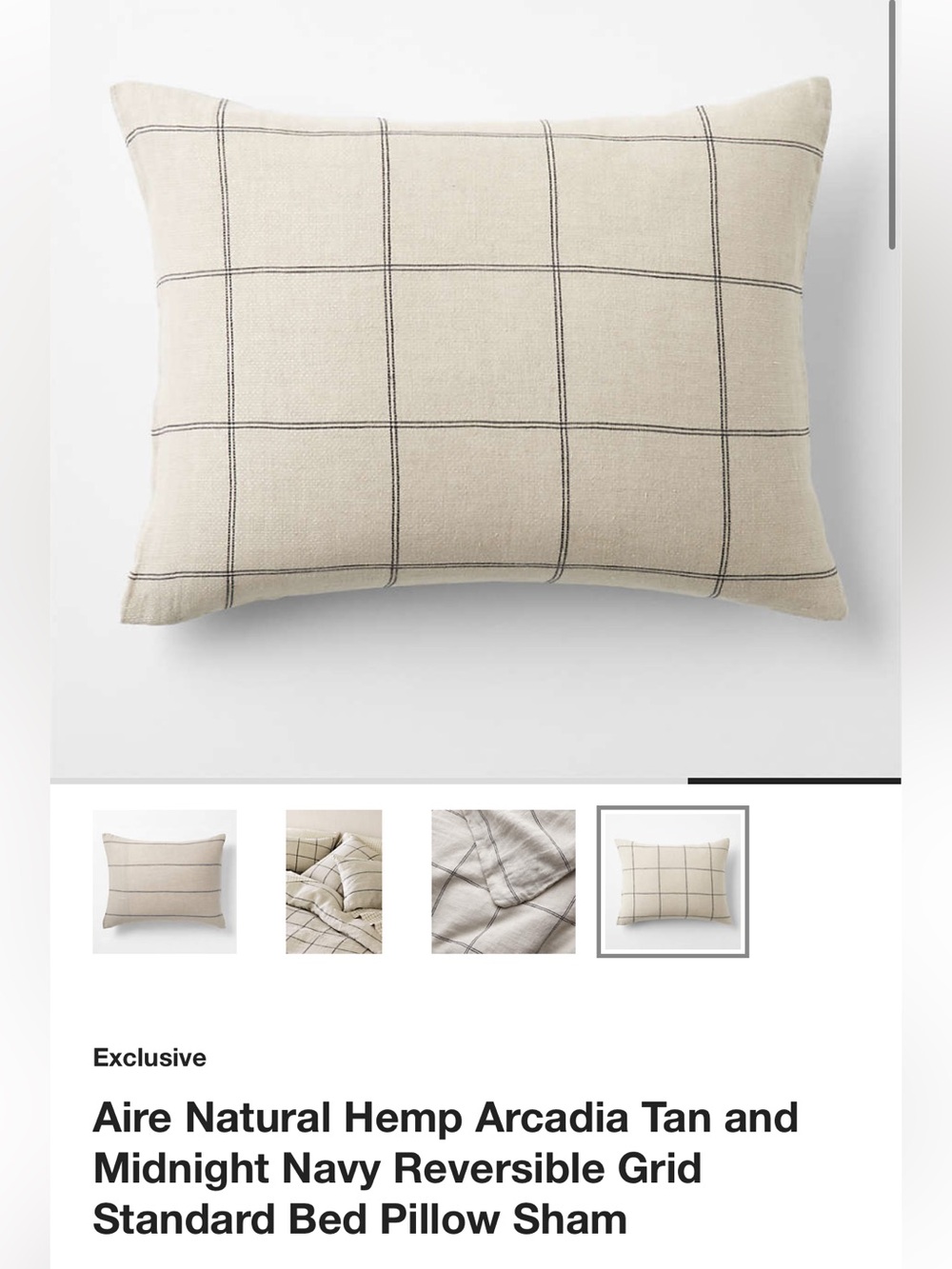 New! Crate & Barrel Hemp Reversible Grid Pillow Sham